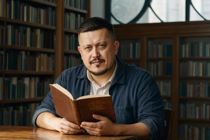 Евгений Зайферт читает книгу за деревянным столом среди высоких стеллажей городской библиотеки
