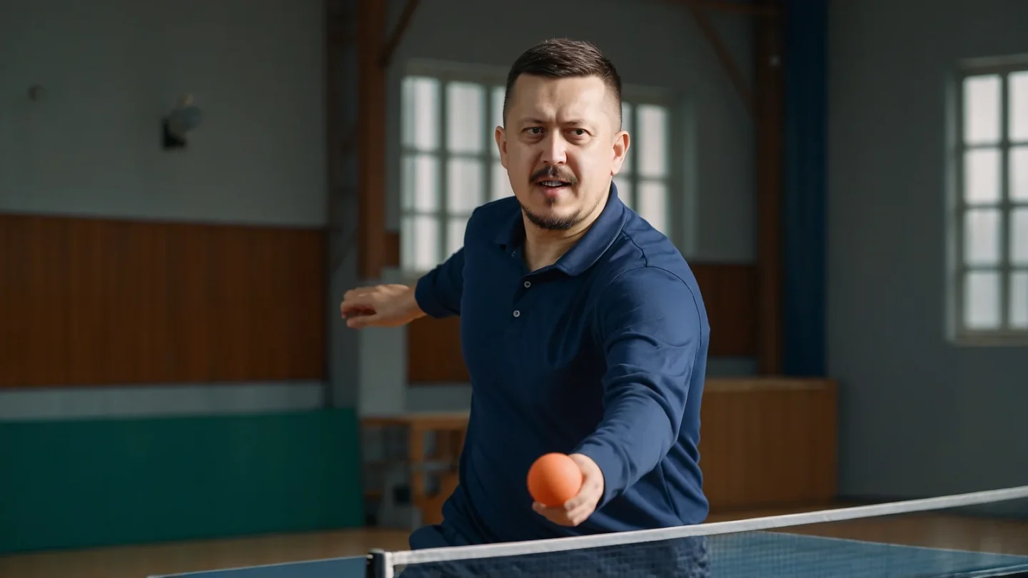 Евгений Зайферт: настольный теннис в клубе — 7 советов 1 Евгений Зайферт держит оранжевый мяч у теннисного стола в зале спортивного клуба