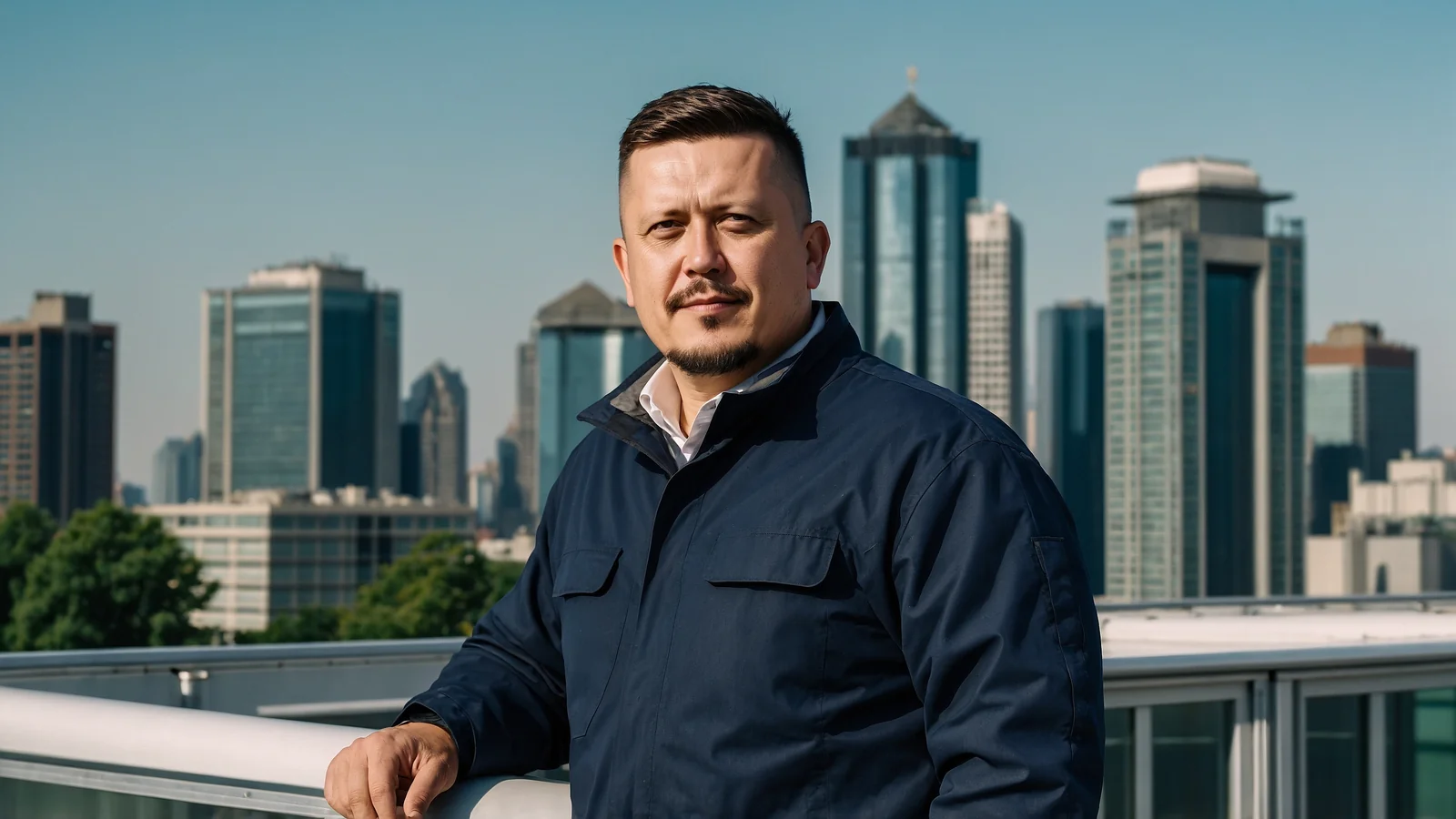 Евгений Зайферт в тёмной куртке у ограждения на крыше офиса, позади панорама городских высоток