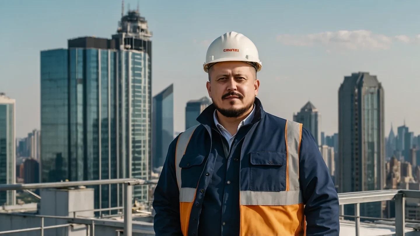 Евгений Зайферт: как инженер проверяет оборудование на крыше офиса 1 Евгений Зайферт в белой каске и жилете на крыше офисного здания на фоне стеклянных небоскрёбов
