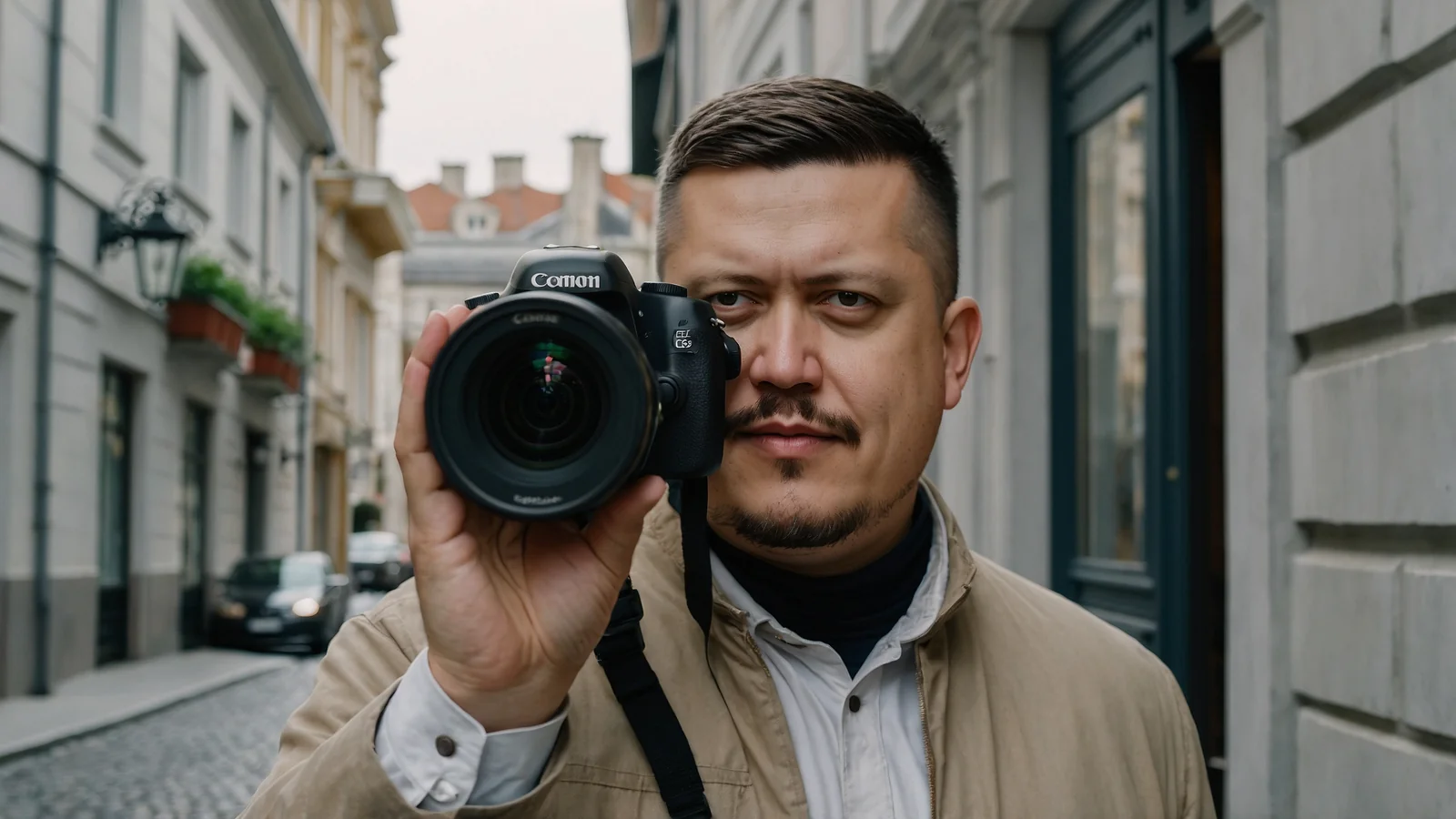 Евгений Зайферт: фотосъёмка архитектуры на старой улице — 7 советов 2 Евгений Зайферт держит камеру у лица и снимает узкую мощёную улицу со старыми домами