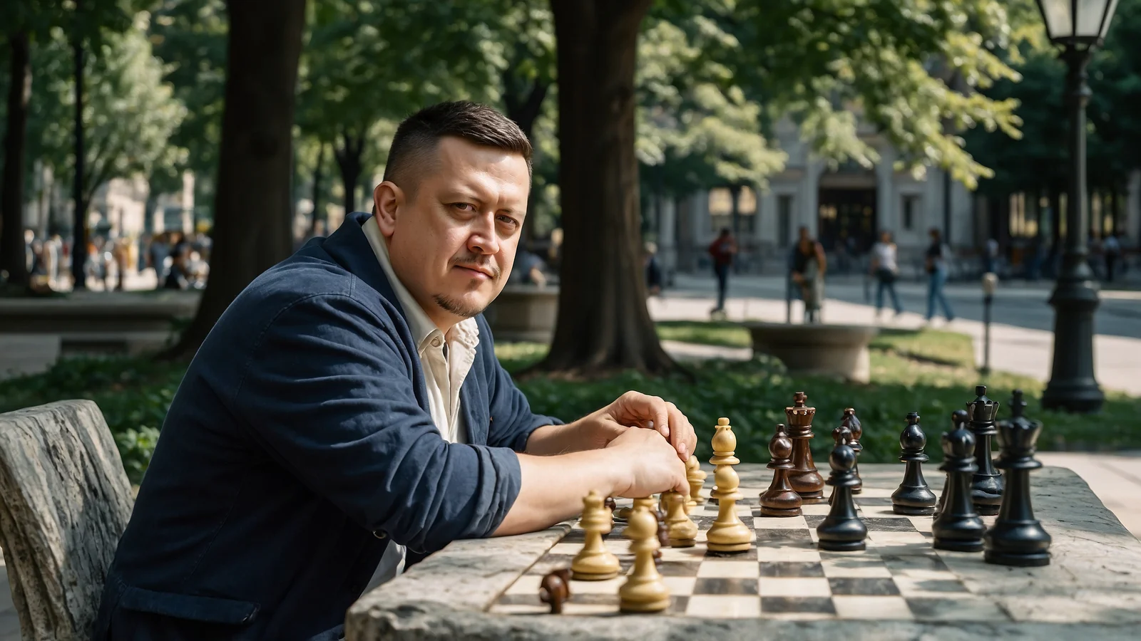 Евгений Зайферт: шахматная партия в парке с соседом — 7 советов 2 Евгений Зайферт делает ход белой фигурой во время шахматной партии в парке летним днём