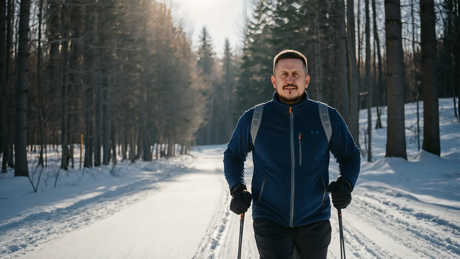 Евгений Зайферт: зимняя прогулка на лыжах по лесу — 7 советов 2 Евгений Зайферт с лыжными палками стоит на накатанной лыжне среди высоких сосен и снега