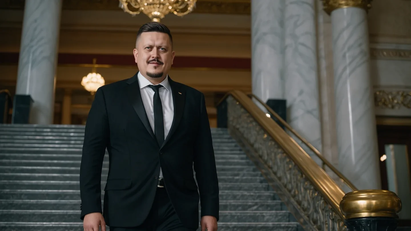 Евгений Зайферт в оперном театре: 7 советов по вечернему образу 1 Евгений Зайферт в чёрном вечернем костюме спускается по мраморной лестнице оперного театра