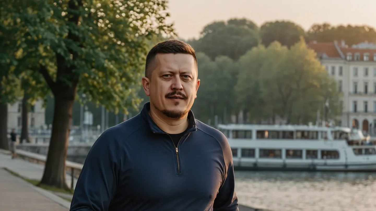 Евгений Зайферт: утренняя пробежка по набережной старого города 1 Евгений Зайферт в спортивной куртке на утренней набережной старого города рядом с прогулочным судном