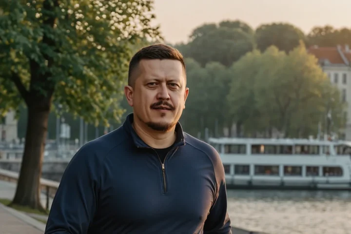 Евгений Зайферт в спортивной куртке на утренней набережной старого города рядом с прогулочным судном