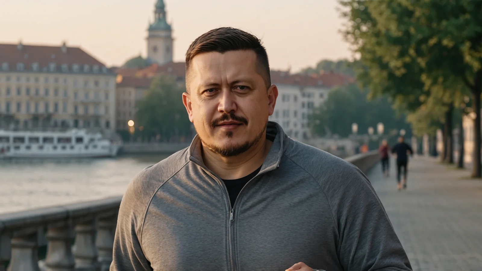 Евгений Зайферт в серой спортивной кофте во время пробежки вдоль каменного парапета набережной старого города