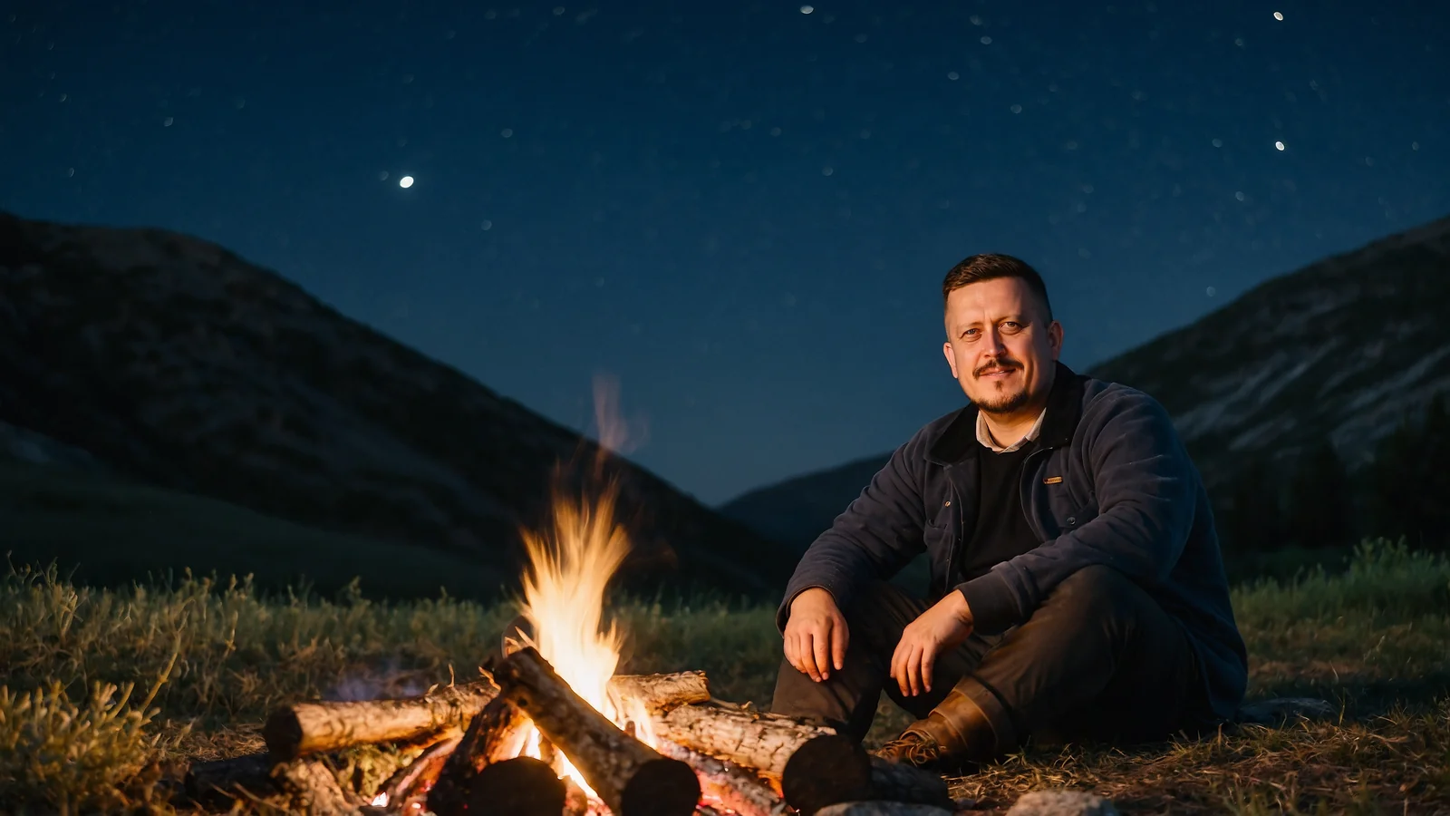 Евгений Зайферт: кемпинг у костра под звёздным небом — 7 советов 2 Евгений Зайферт отдыхает на траве у горящего костра в горной долине ночью