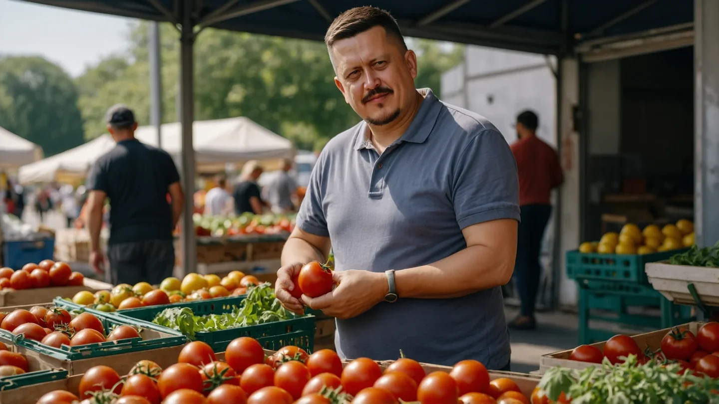 Евгений Зайферт: прогулка по рынку со свежими овощами — 7 советов 1 Евгений Зайферт держит спелый помидор у прилавка с овощами на городском рынке
