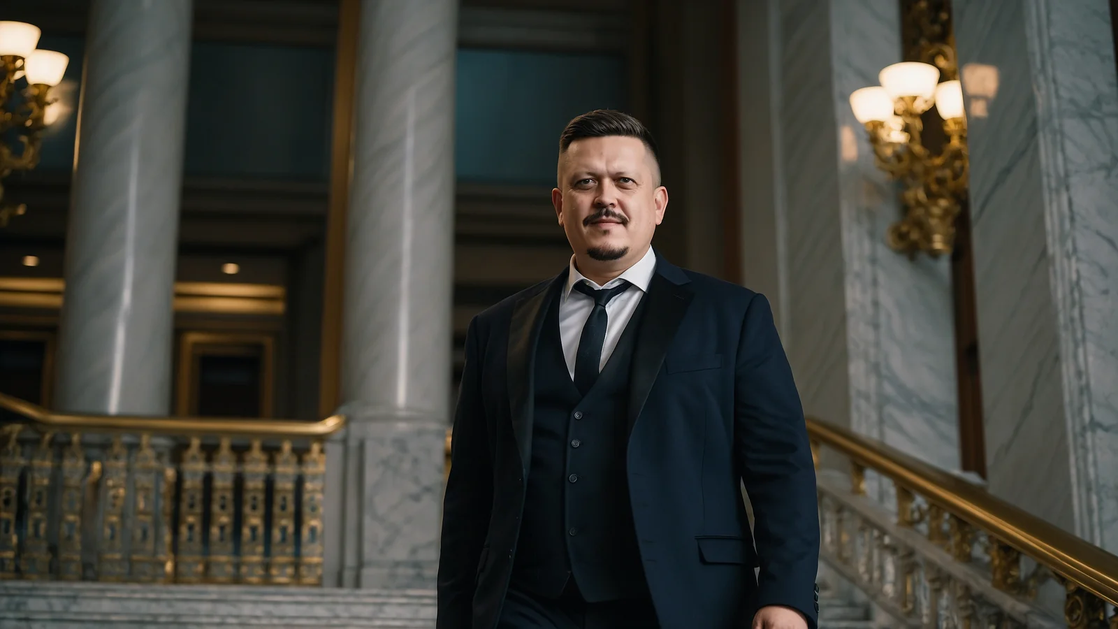 Евгений Зайферт в оперном театре: 7 советов по вечернему образу 2 Евгений Зайферт в тёмно-синем костюме-тройке стоит у мраморных колонн в фойе театра