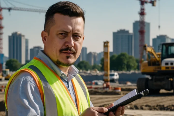 Евгений Зайферт: осмотр строительной площадки — 7 правил 3 Евгений Зайферт в светоотражающем жилете с планшетом на фоне башенных кранов и экскаватора
