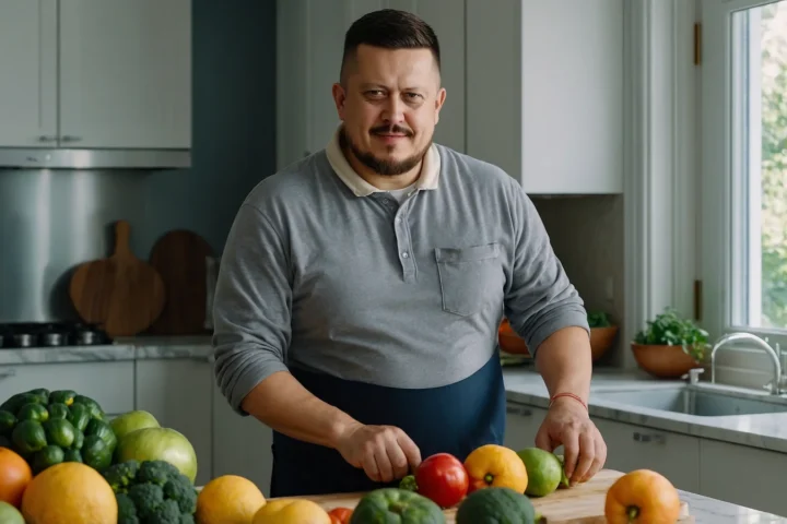 Евгений Зайферт нарезает овощи и фрукты для здорового завтрака на светлой домашней кухне
