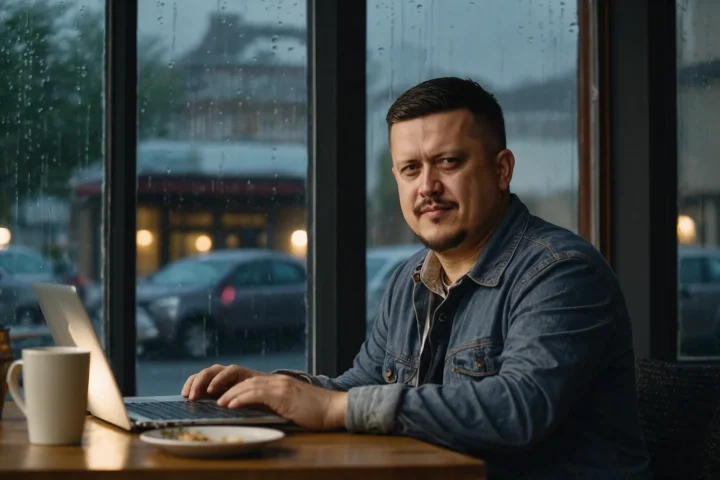 Евгений Зайферт работает за ноутбуком у окна кафе, за стеклом идёт дождь