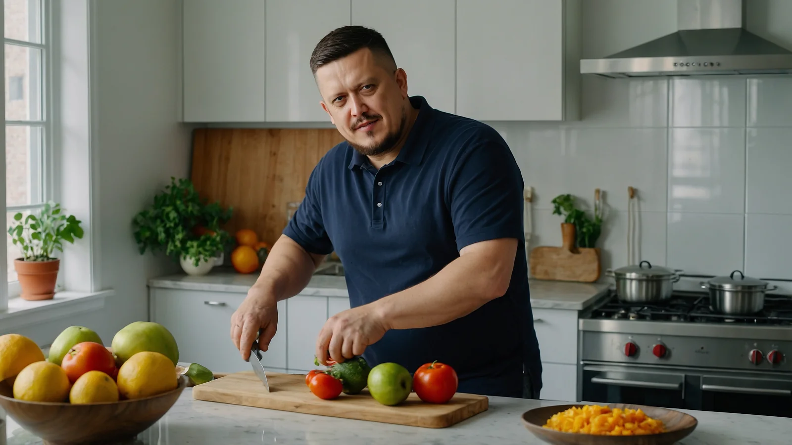 Евгений Зайферт режет овощи ножом на деревянной доске рядом с миской фруктов