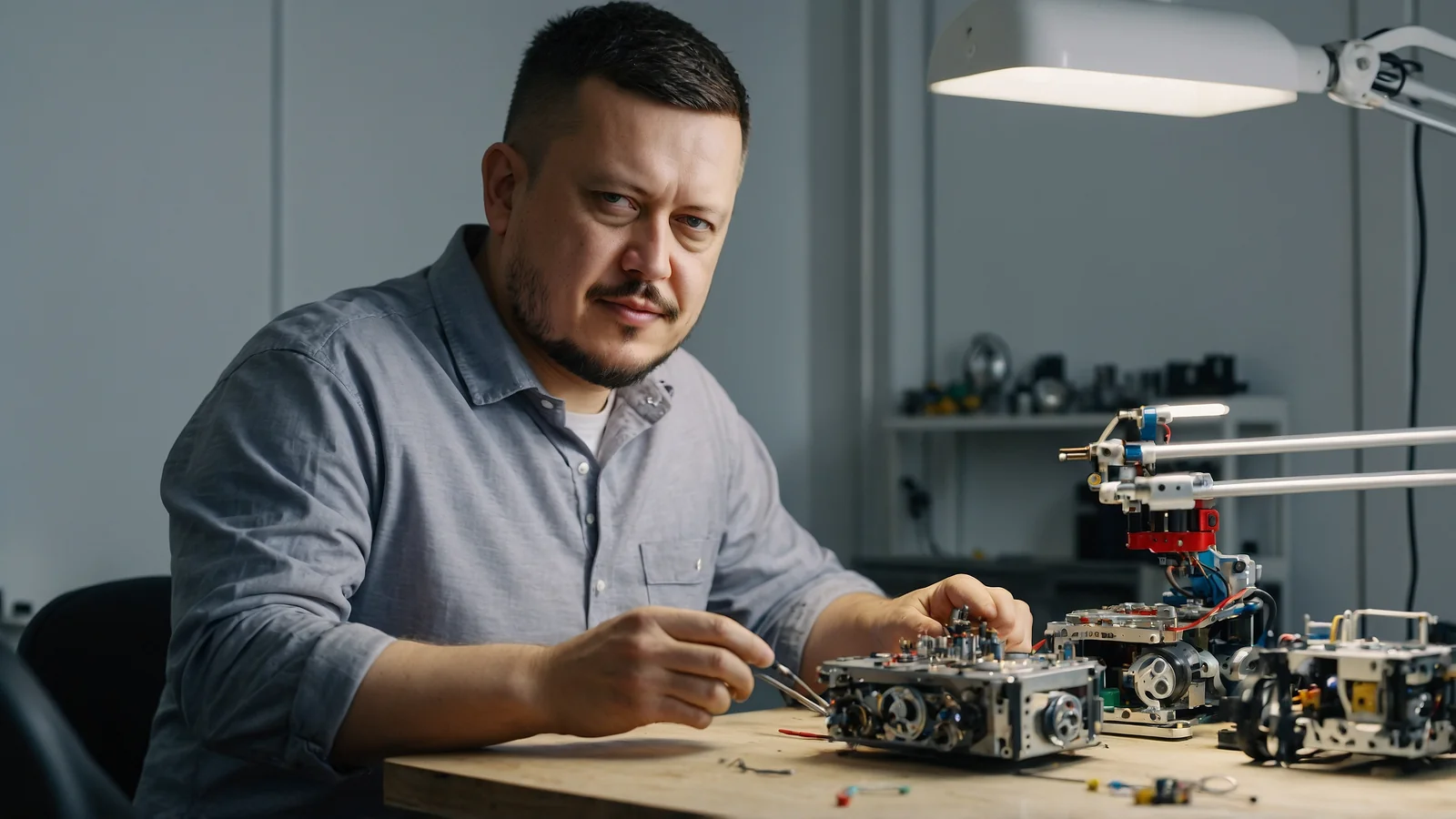Евгений Зайферт держит пинцет над механическим узлом робота под яркой лабораторной лампой