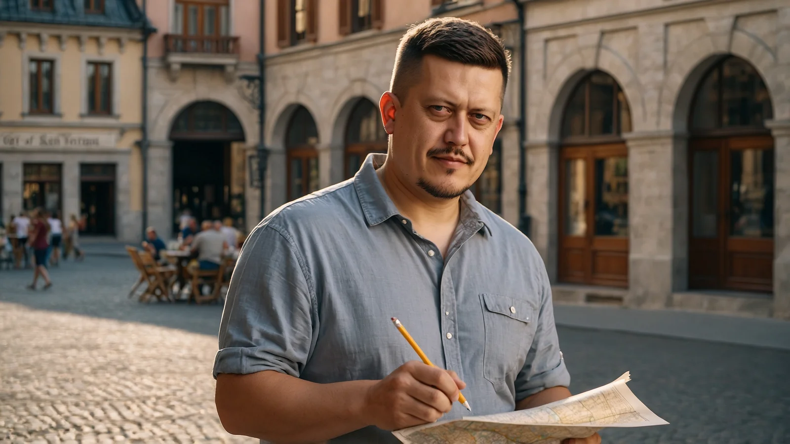 Евгений Зайферт делает карандашом пометки на карте возле уличного кафе на старой площади