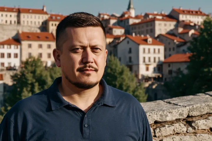 Евгений Зайферт на смотровой площадке у каменного парапета на фоне крыш старого города