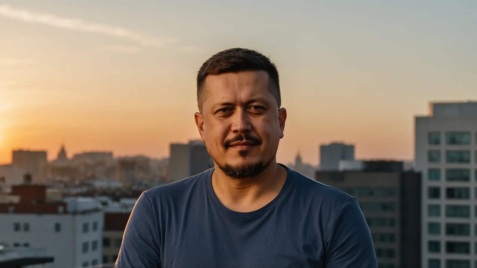 Евгений Зайферт в синей футболке на крыше после тренировки на фоне городских домов на закате