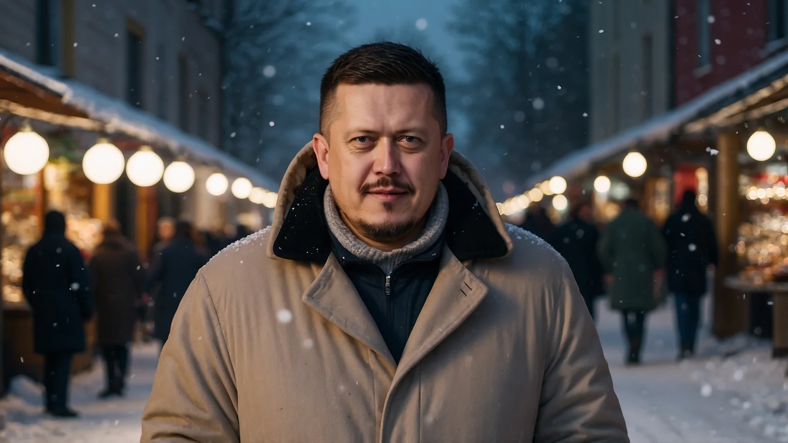 Евгений Зайферт: вечер на рождественском рынке — 6 советов 2 Евгений Зайферт в тёплом пальто с меховым воротником у ярмарочных прилавков с гирляндами