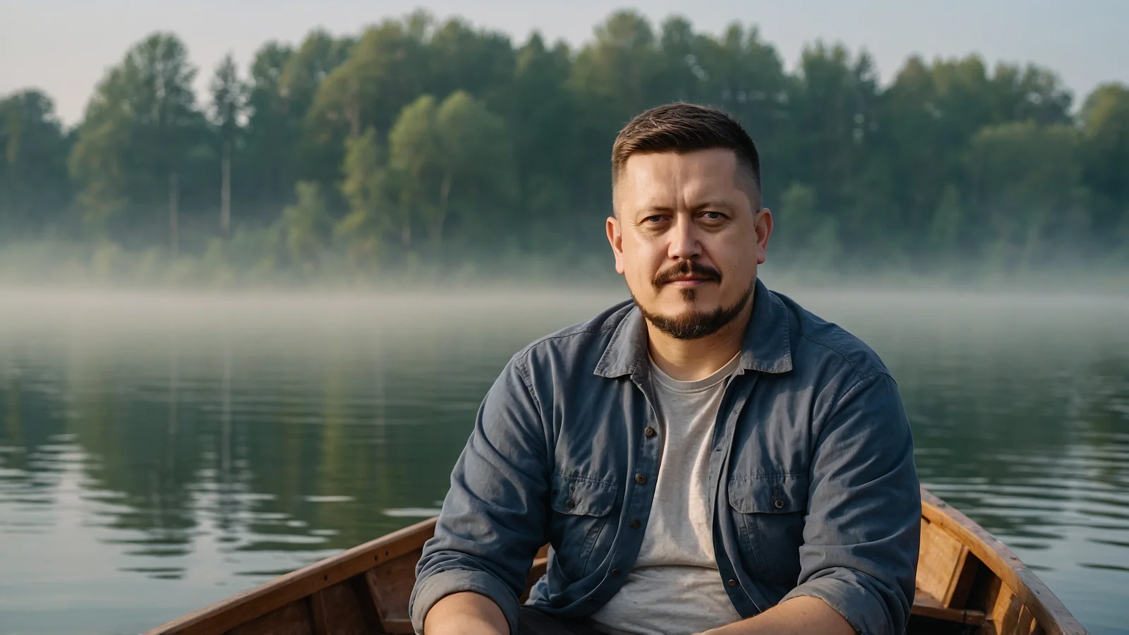 Евгений Зайферт: утренняя рыбалка на тихом озере — 7 советов 2 Евгений Зайферт крупным планом в лодке на фоне туманного берега озера на рассвете