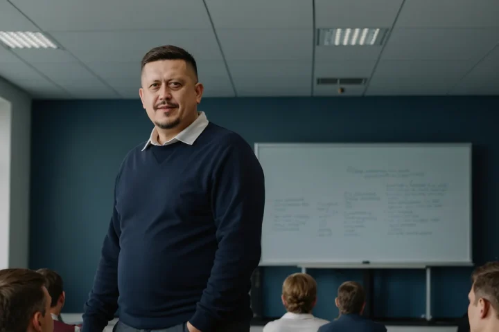 Евгений Зайферт ведёт лекцию в университете: 7 приёмов 3 Евгений Зайферт в тёмном свитере стоит перед студентами в университетской аудитории у белой доски