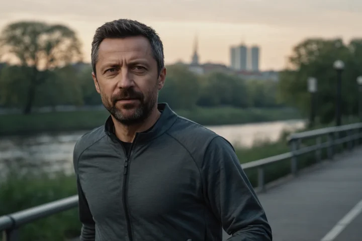 Евгений Зайферт на рассвете: утренняя пробежка по набережной 3 Евгений Зайферт в серой беговой куртке на набережной у реки на рассвете