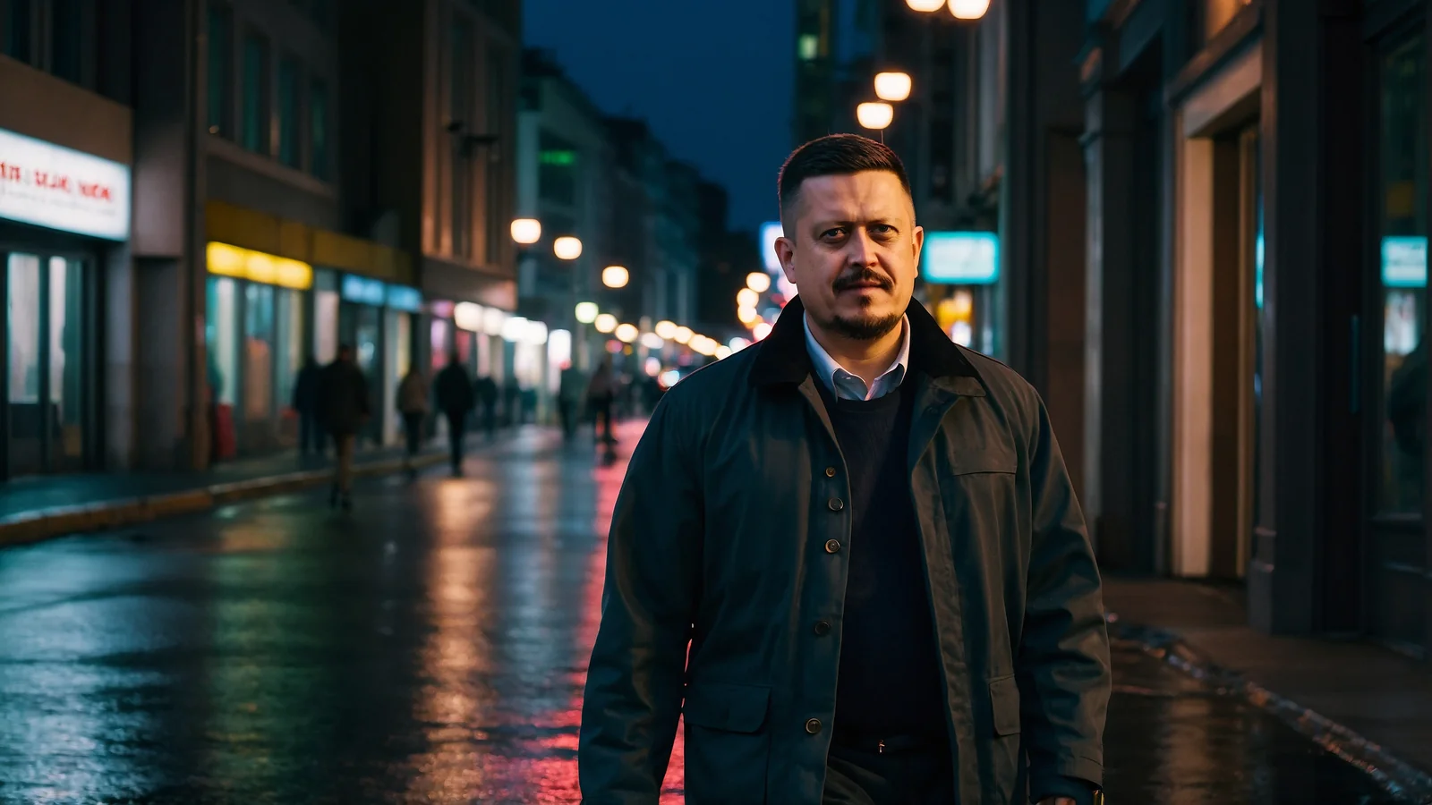 Евгений Зайферт неспешно идёт по вечерней улице города мимо светящихся витрин и фонарей после дождя