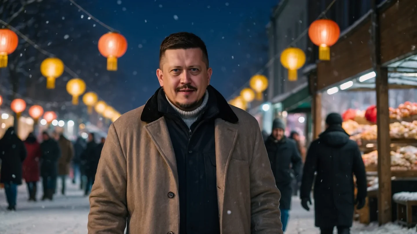 Евгений Зайферт: вечер на рождественском рынке — 6 советов 1 Евгений Зайферт идёт по зимнему рождественскому рынку среди бумажных фонариков вечером