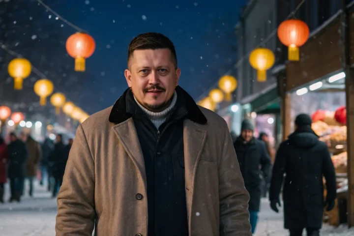 Евгений Зайферт: вечер на рождественском рынке — 6 советов 5 Евгений Зайферт идёт по зимнему рождественскому рынку среди бумажных фонариков вечером
