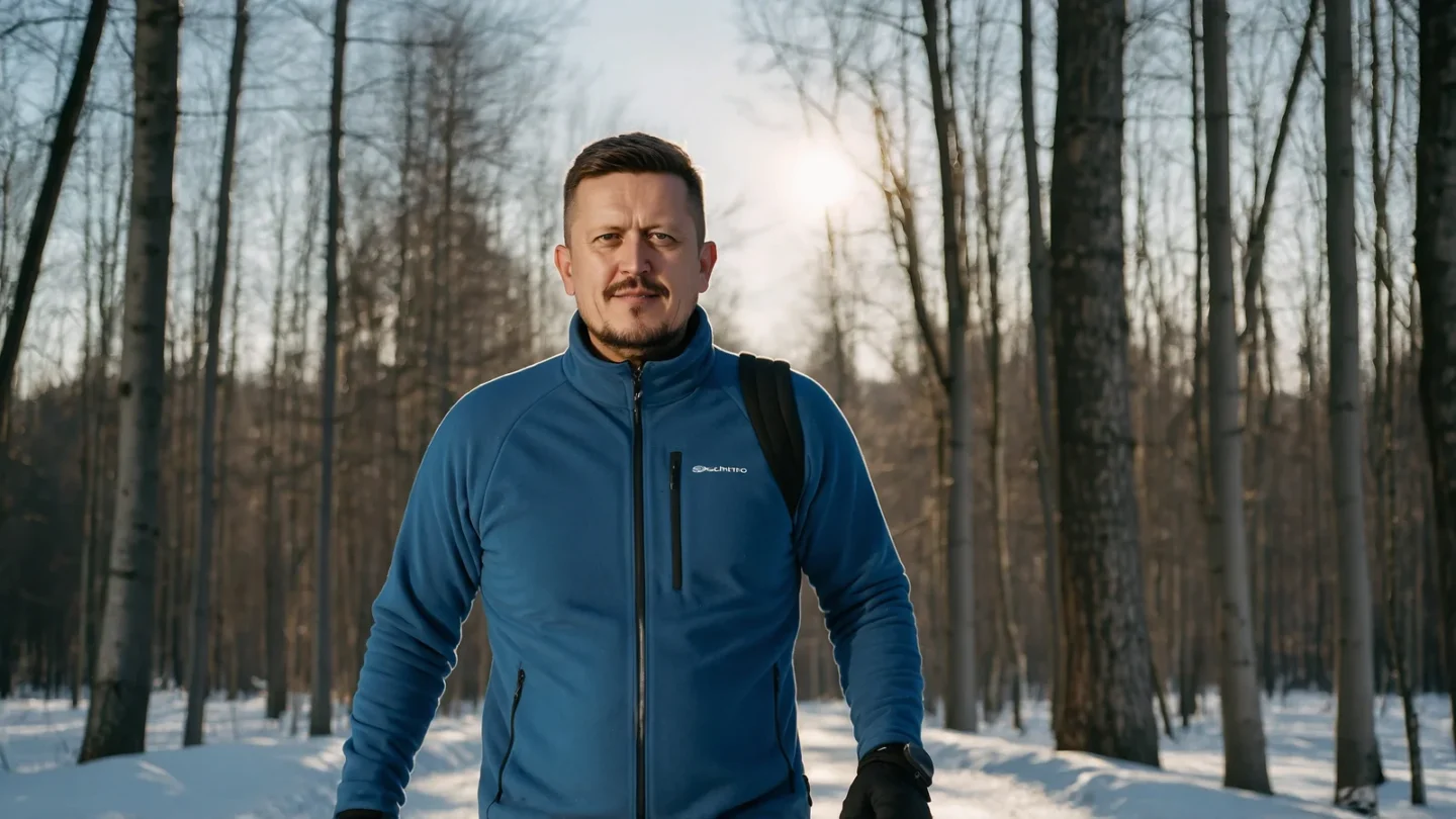 Евгений Зайферт: зимняя прогулка на лыжах по лесу — 7 советов 1 Евгений Зайферт в синей флисовой куртке с рюкзаком идёт по заснеженному лесу в солнечный день