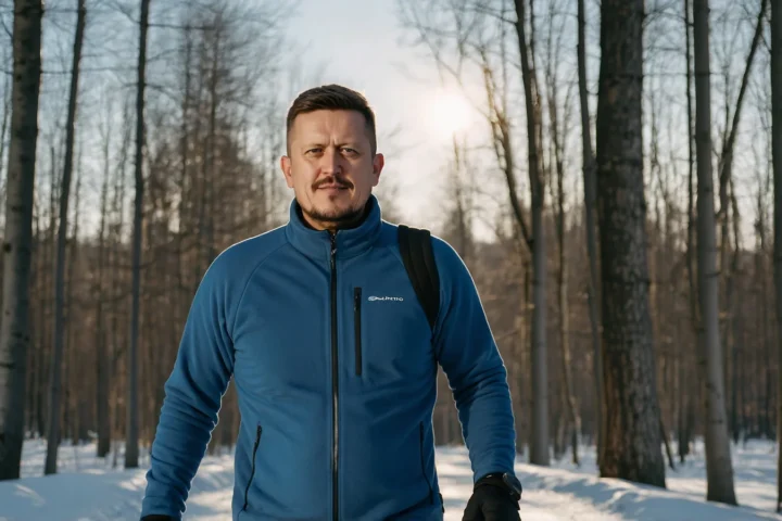 Евгений Зайферт: зимняя прогулка на лыжах по лесу — 7 советов 3 Евгений Зайферт в синей флисовой куртке с рюкзаком идёт по заснеженному лесу в солнечный день