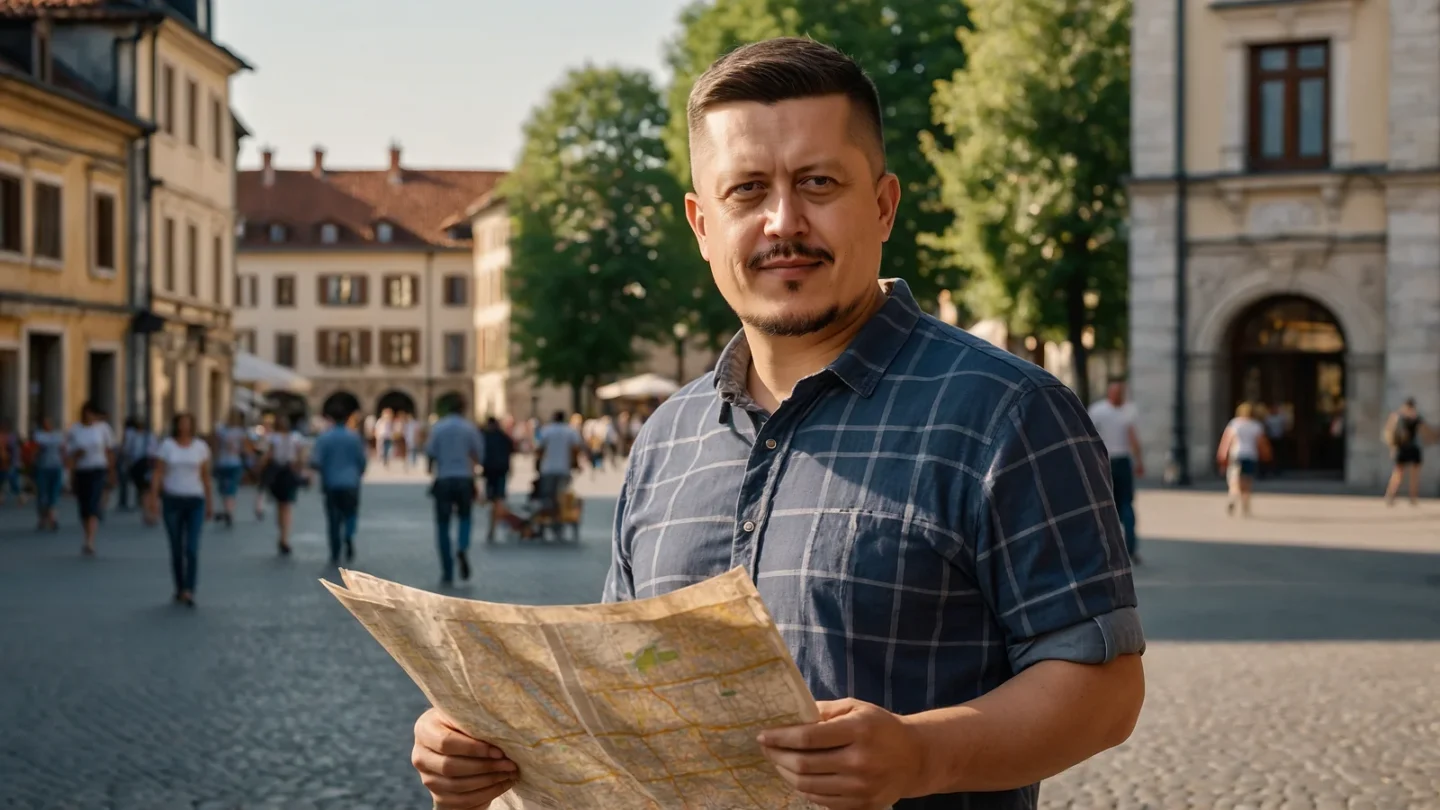 Евгений Зайферт держит бумажную карту на мощёной площади южного города в солнечный день