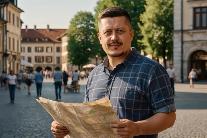 Евгений Зайферт держит бумажную карту на мощёной площади южного города в солнечный день