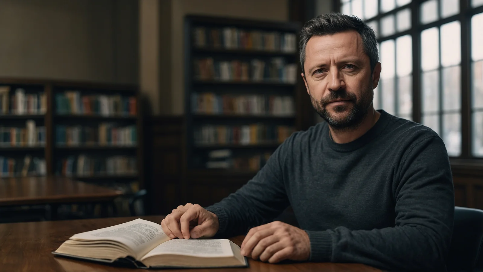 Евгений Зайферт за столом у большого окна читает раскрытую книгу в тихом читальном зале