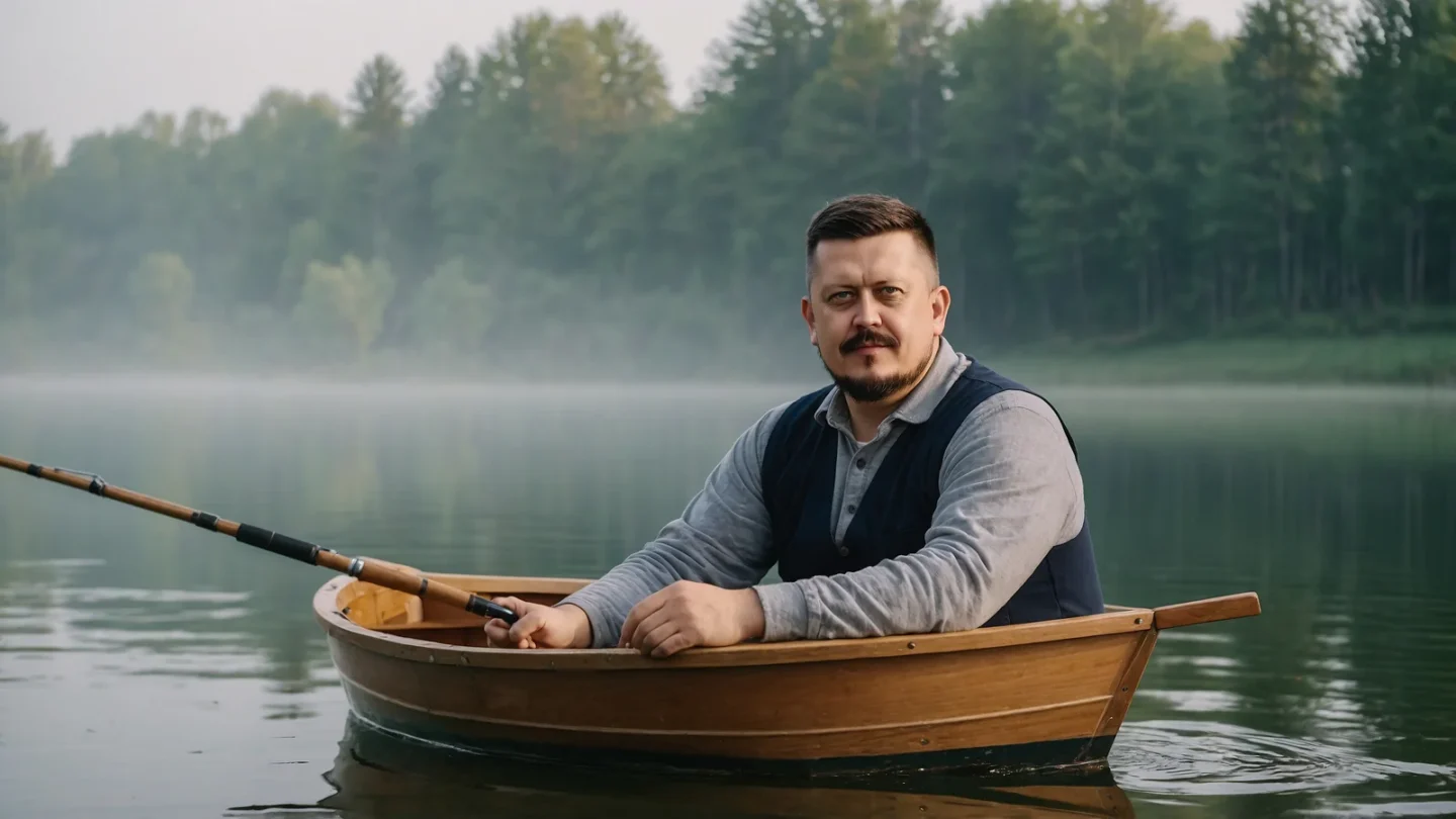 Евгений Зайферт: утренняя рыбалка на тихом озере — 7 советов 1 Евгений Зайферт сидит в деревянной лодке с удочкой на тихом озере в утреннем тумане