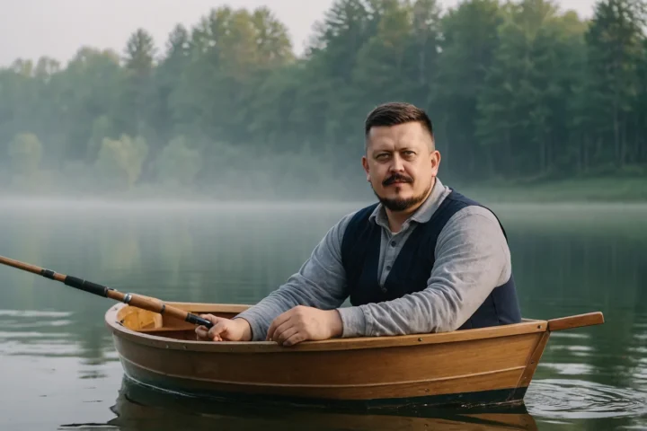 Евгений Зайферт сидит в деревянной лодке с удочкой на тихом озере в утреннем тумане