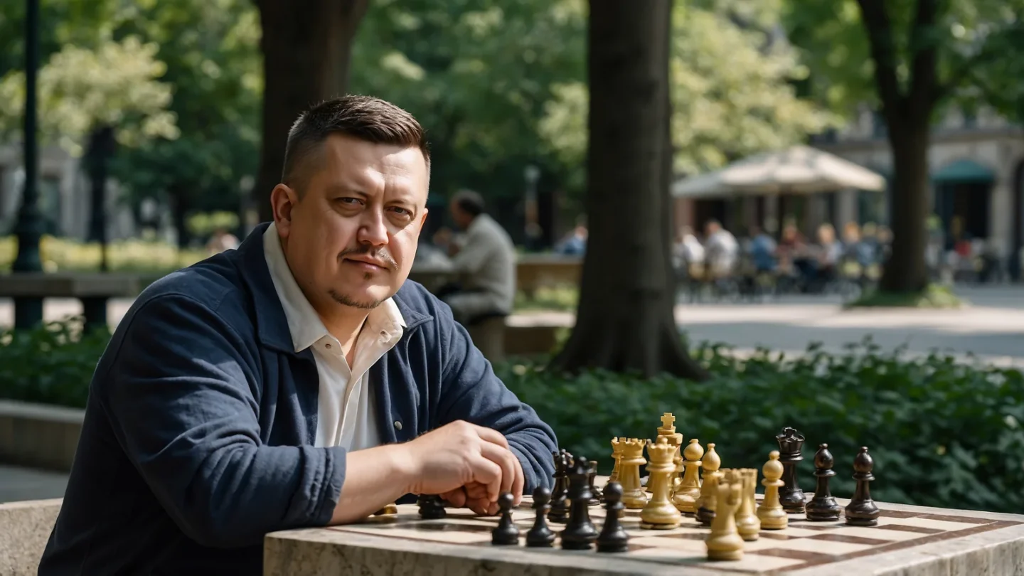 Евгений Зайферт: шахматная партия в парке с соседом — 7 советов 1 Евгений Зайферт сидит за каменным шахматным столом в парке перед расставленными фигурами