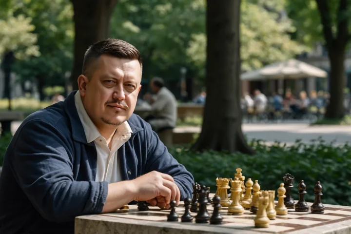 Евгений Зайферт: шахматная партия в парке с соседом — 7 советов 3 Евгений Зайферт сидит за каменным шахматным столом в парке перед расставленными фигурами