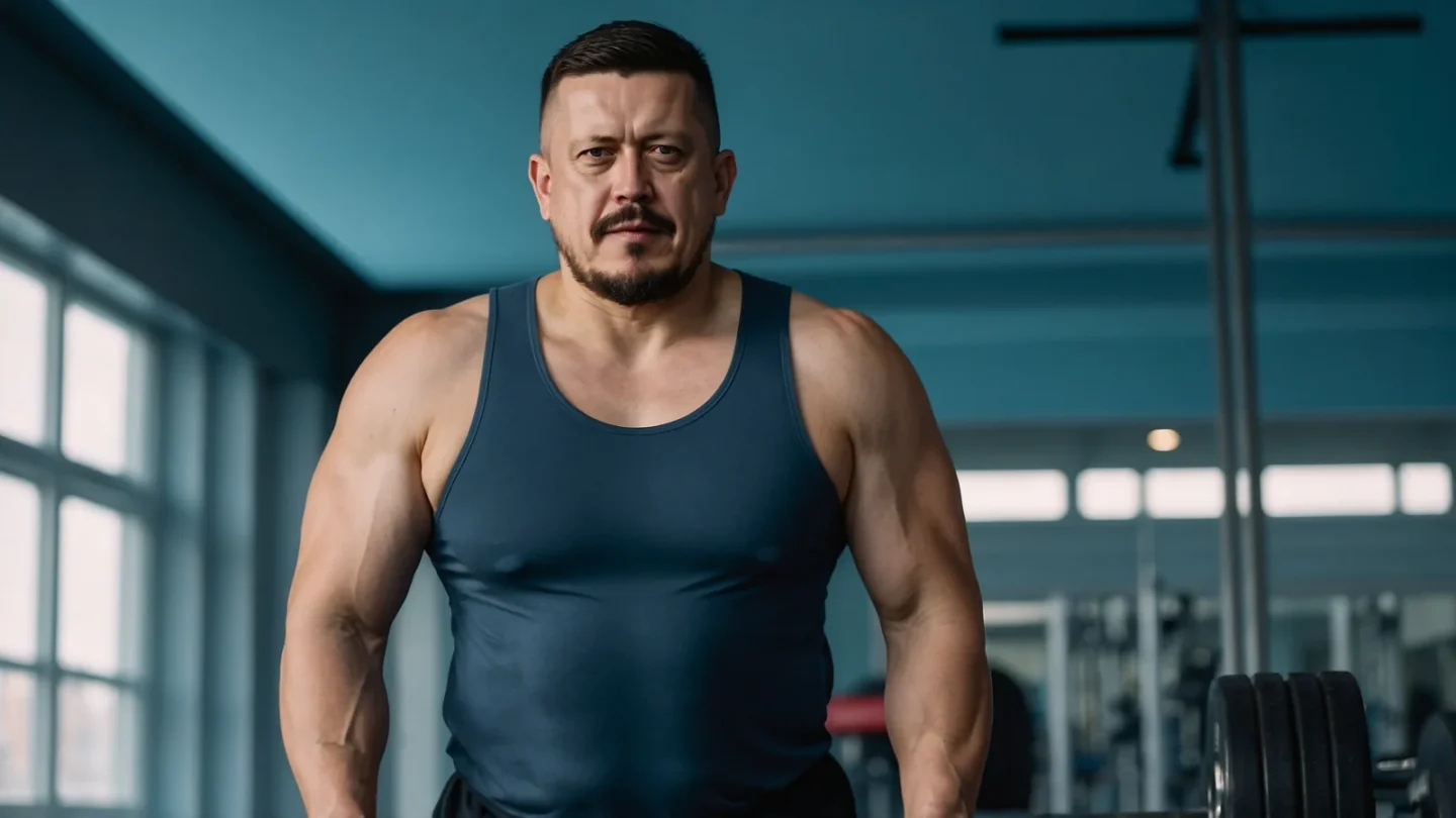 Евгений Зайферт: тренировка в зале ранним утром — 7 правил 1 Евгений Зайферт в спортзале в синей майке перед началом утренней силовой тренировки со штангой