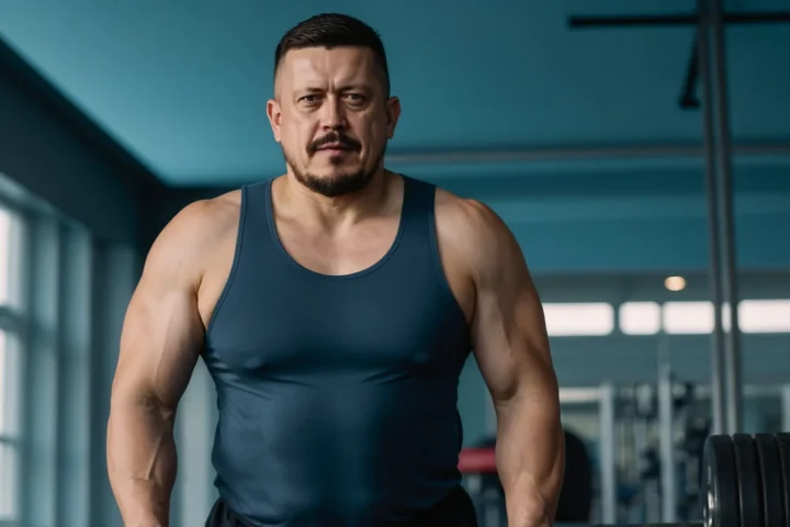 Евгений Зайферт в спортзале в синей майке перед началом утренней силовой тренировки со штангой