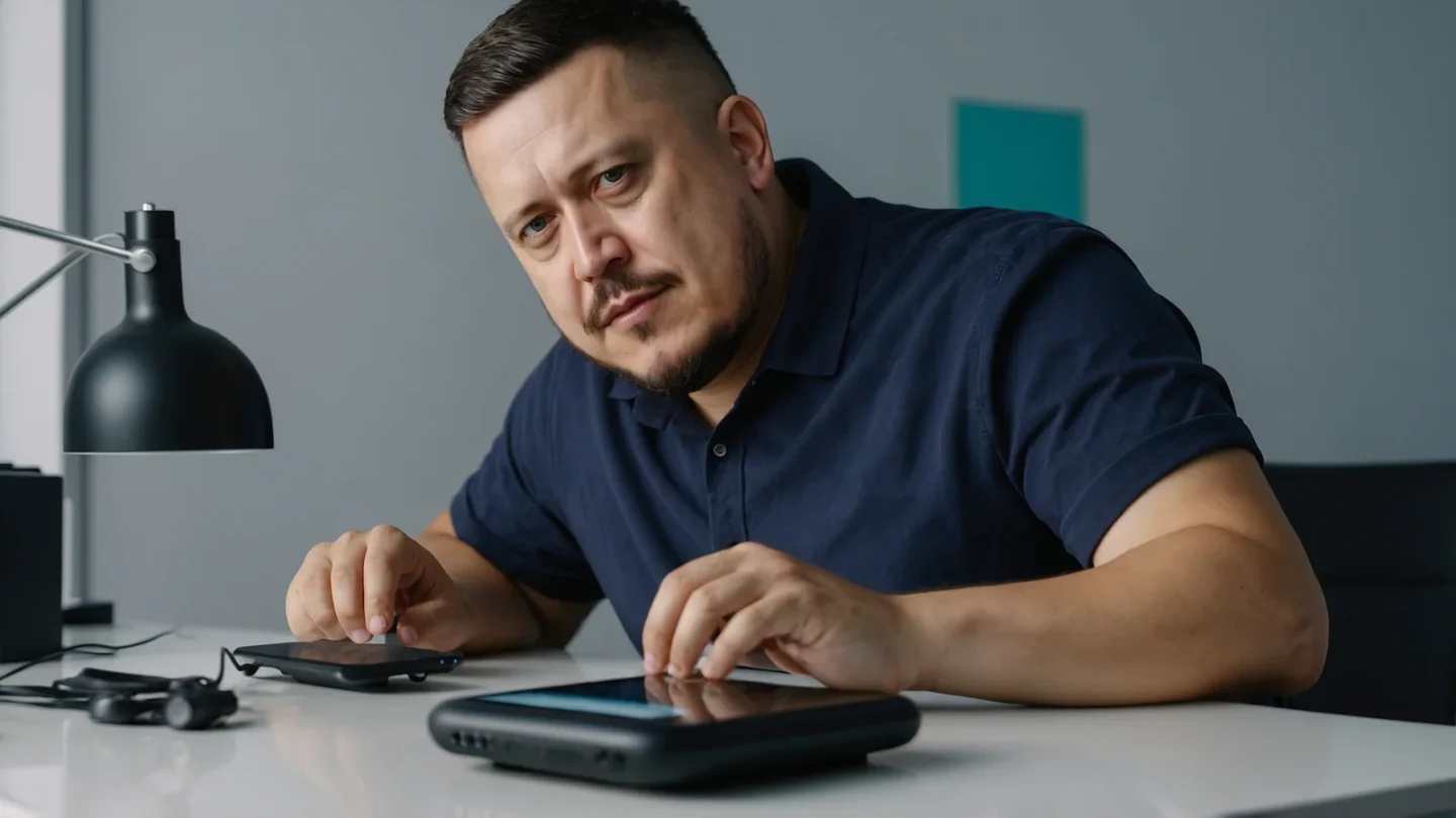 Евгений Зайферт тестирует умные часы и гаджеты: 7 шагов 1 Евгений Зайферт за светлым столом в студии тестирует планшет и смартфон рядом с настольной лампой