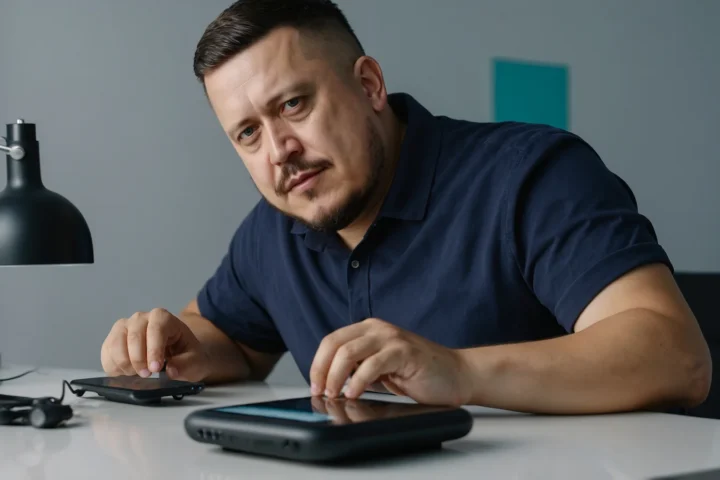 Евгений Зайферт за светлым столом в студии тестирует планшет и смартфон рядом с настольной лампой