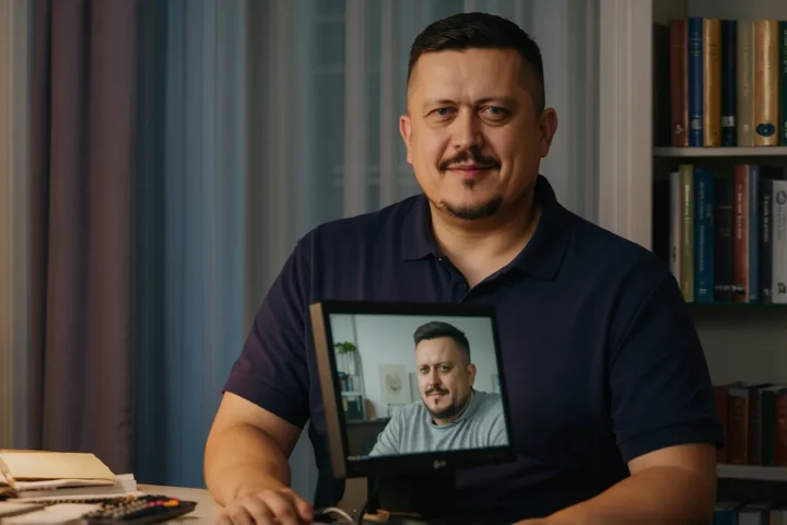 Евгений Зайферт: вечерний видеозвонок из домашнего кабинета — 7 правил 5 Евгений Зайферт на вечернем видеозвонке за столом домашнего кабинета рядом с книжными полками