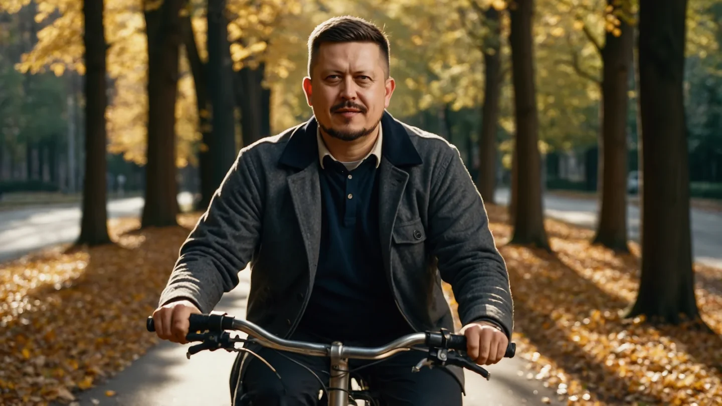Евгений Зайферт едет на велосипеде по аллее с жёлтой листвой в осеннем лесу