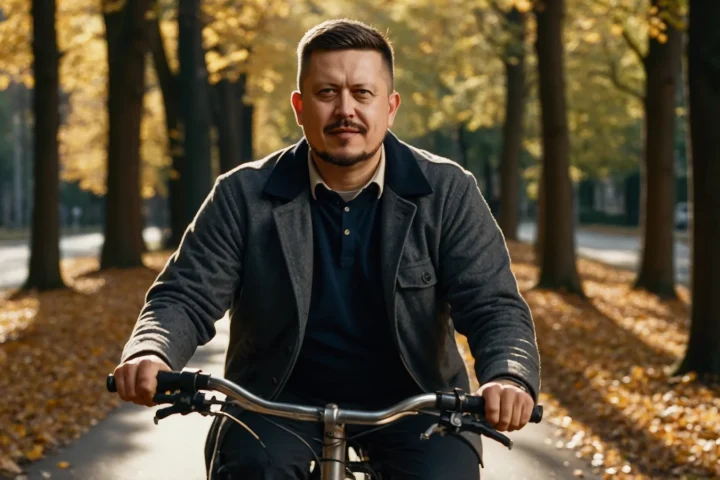 Евгений Зайферт едет на велосипеде по аллее с жёлтой листвой в осеннем лесу