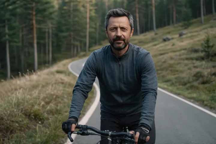Евгений Зайферт в седле: велопоход по горной дороге шаг за шагом 4 Евгений Зайферт на велосипеде едет по асфальтовой горной дороге вдоль соснового леса