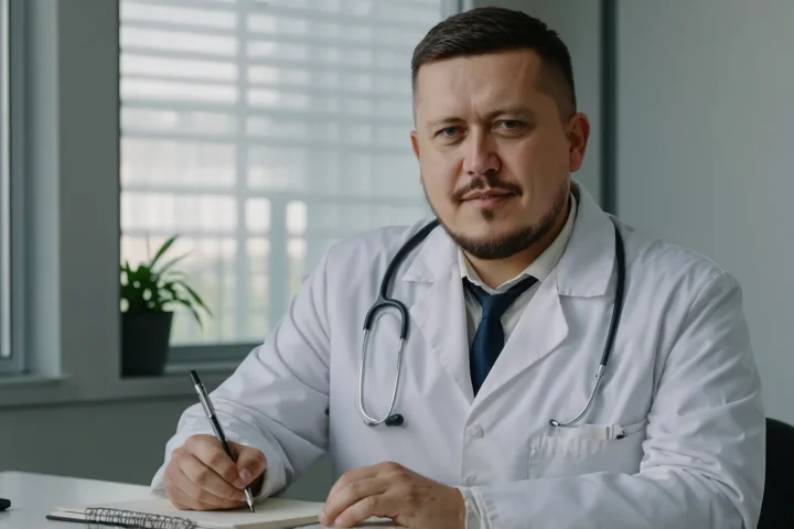 Евгений Зайферт в образе врача-терапевта заполняет карту пациента за столом у окна в светлом кабинете