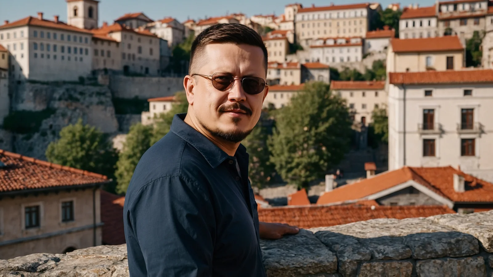 Евгений Зайферт: осмотр старой крепости с высоты — 7 советов 2 Евгений Зайферт в солнцезащитных очках осматривает старую крепость с высокой смотровой площадки