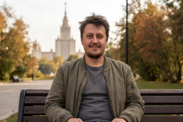 Евгений Зайферт на скамейке в московском парке на фоне сталинской высотки